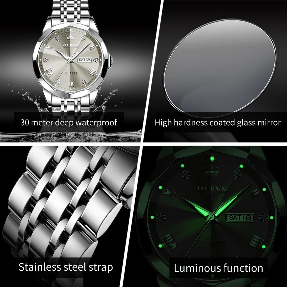 OLEVS Men's Watch Casual Quartz Stainless Steel Luminous Date