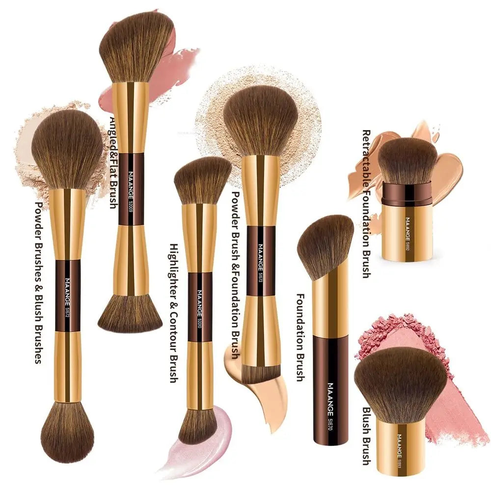 7pcs Makeup Brush Set Double Sided Kabuki Makeup Brushes Contour Brush Foundation Liquid Powder Concealer Cream Cosmetics Bronze