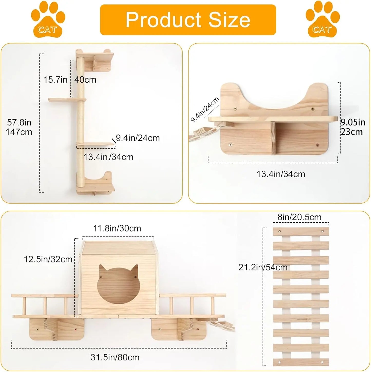 Wall-Mounted Cat Shelves Set with House, Bridge Ladder, Scratching Posts and Steps for Indoor Play