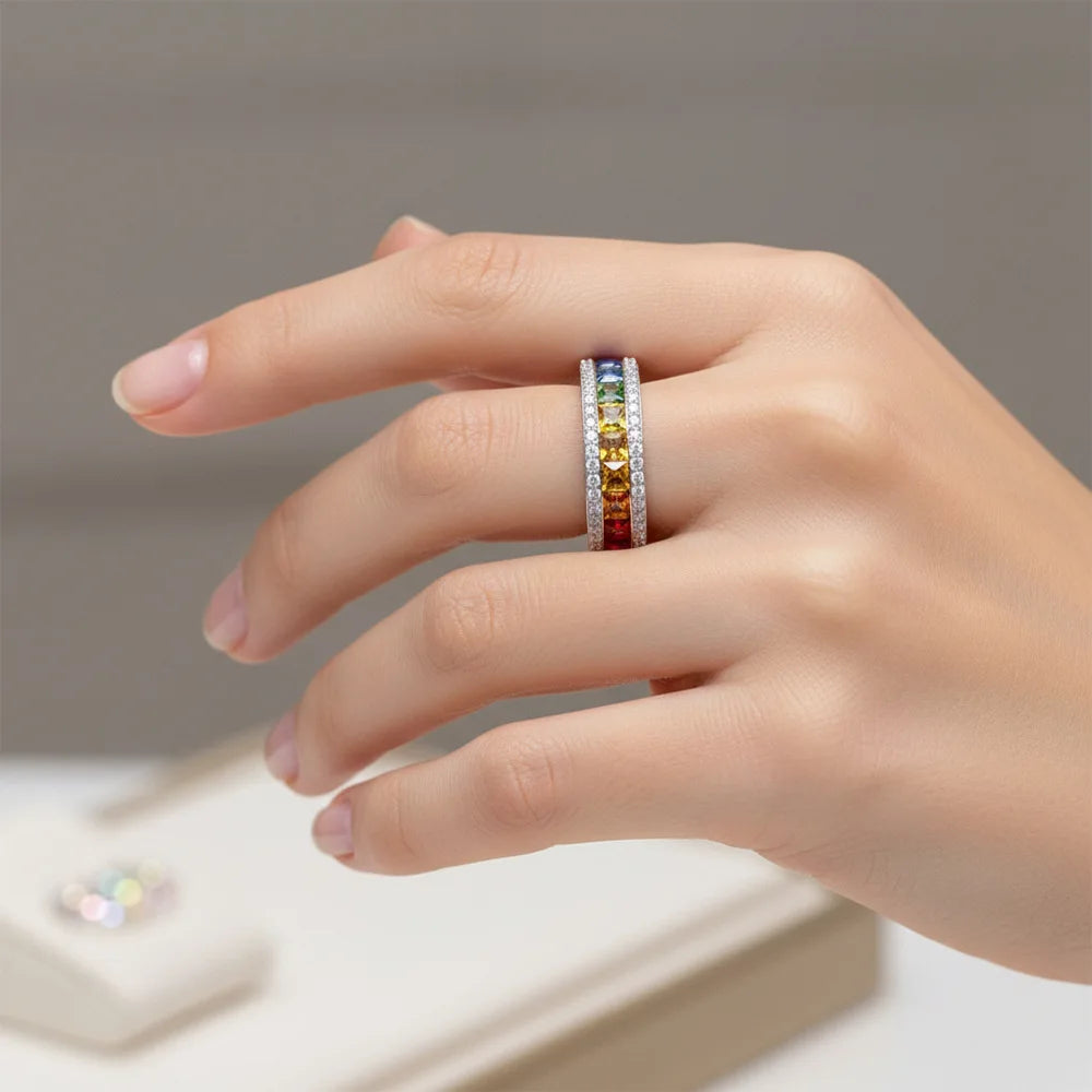 Multi-Color Moissanite Eternity Ring, 3*3MM D-Color Gemstone S925 Silver 18K Gold Plated, 5A Zircon Women Fashion Engagement Sta