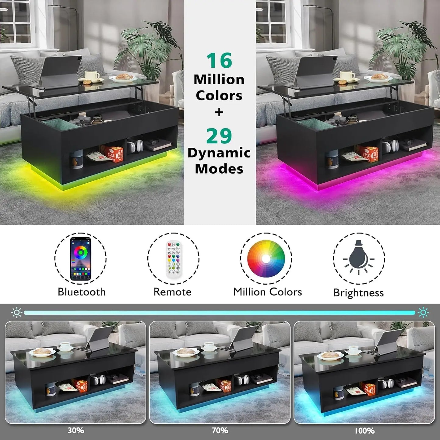 Hommpa Modern LED Coffee Table With Lift Top Storage