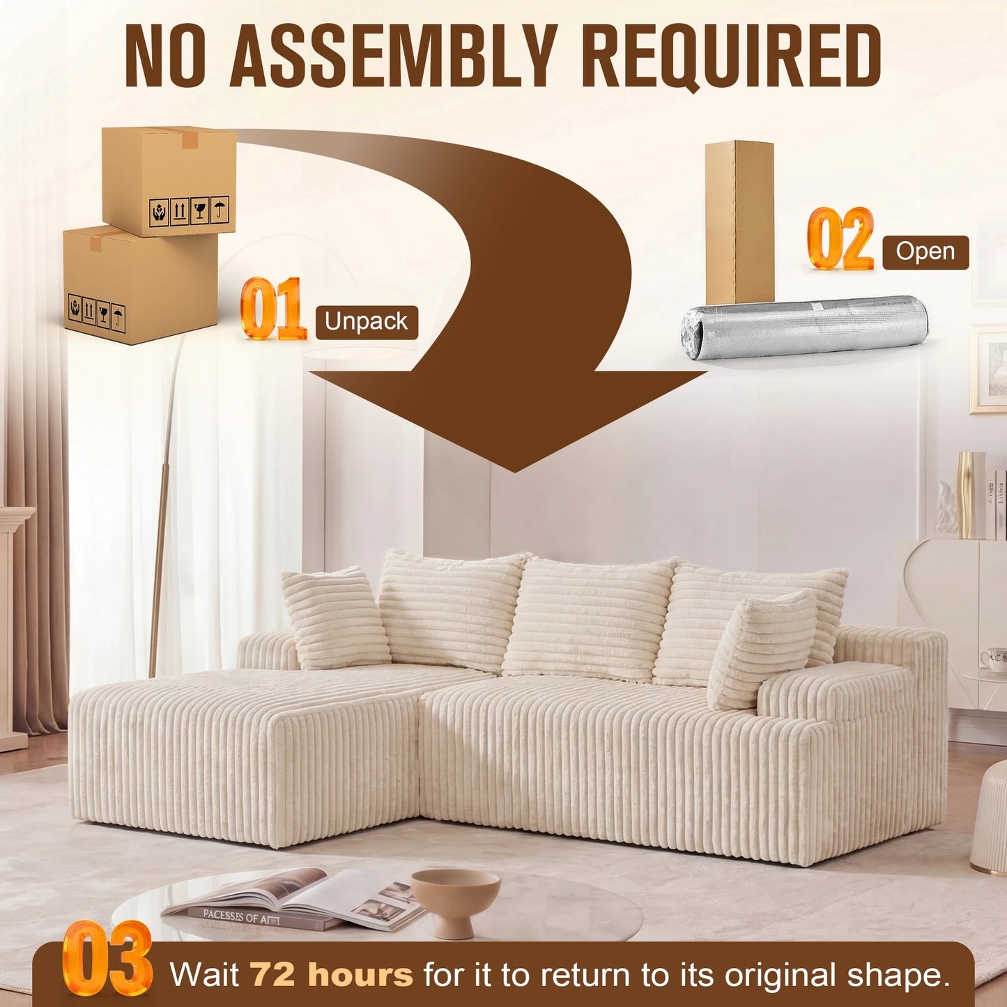 Redlife L-Shape Corduroy Sectional Sofa Cloudlike Luxurious Comfort For LivingRoom