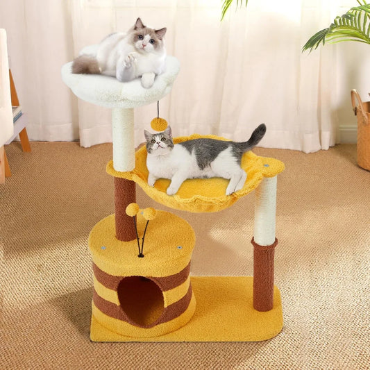 Erinnyees 35-inch Flower-Themed Cat Tree with Bee Accents, Compact Indoor Cat Tower Featuring Sisal Scratch Pad, Plush Condo, an