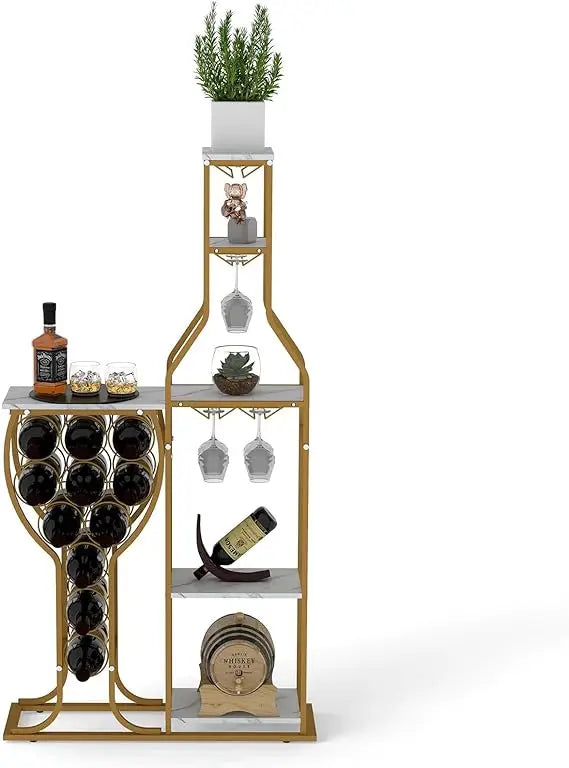 Freestanding Floor Wine Rack with Bottle and Glass Holder, Wrought Iron Wall Mount Rack, Home Wine Accessories
