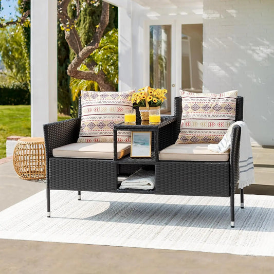 Outdoor Patio Rattan Loveseat Two Seat Conversation Set With Cushions Built In Coffee Table