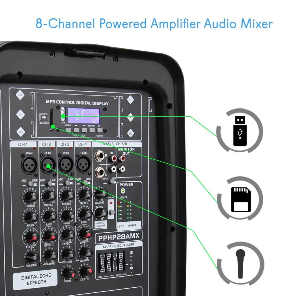 Pyle PA Speaker DJ Mixer Bundle 300W Portable Bluetooth System