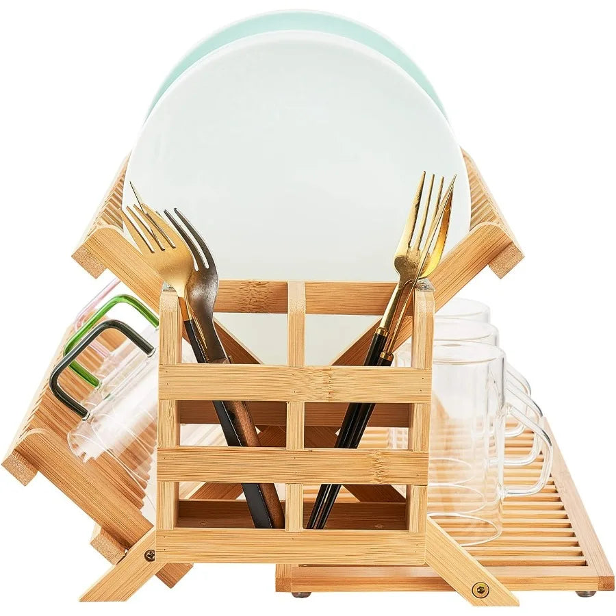 Bamboo Dish Drying Rack, 3 Tier Collapsible Wooden Dish Drainer Rack with Utensil Holder, Plate Rack for Kitchen Counter, Large