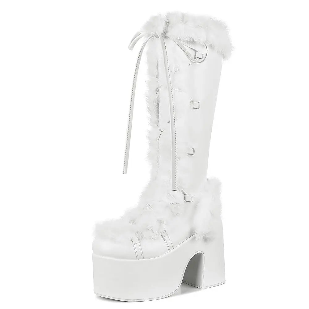 GIGIFOX Faux Fur Chunky High Heel Platform Boots for Women