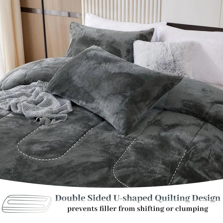 Faux Fur Comforter Set 100 Percent Cotton Ultra Soft Plush Bedding for Winter Cozy All Season