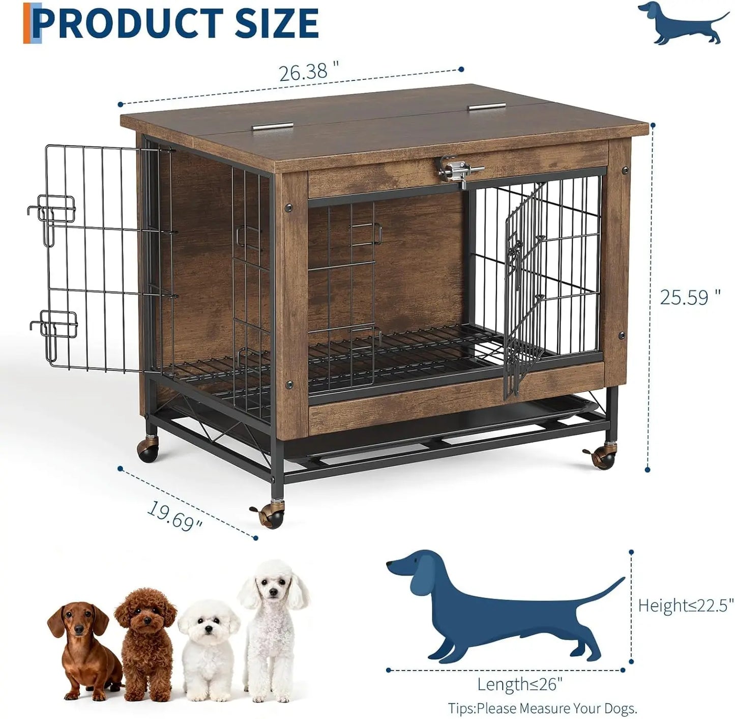Dog Crate Furniture 26 Inch Indoor Wooden Kennel Double-Door Pet Cage with Wheels/Removable Tray, Indoor Pet Side Table Dog Box