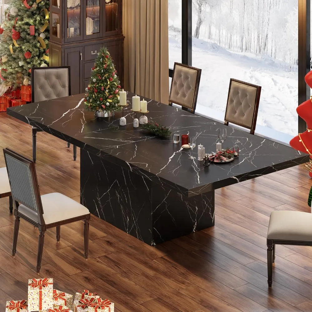 71” Black Dining Table for 6-8, Rectangle Modern Faux Marble Dinner Table, Large Dining Room Table for Kitchen Living Room,