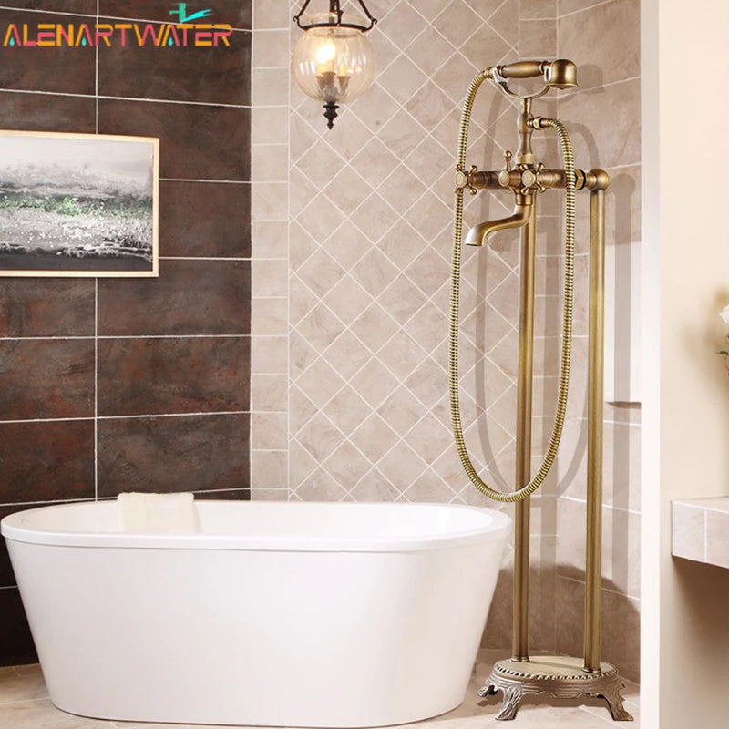 ALENARTWATER Brass Antique Bathroom Faucet Set With 360 Rotation Floor Stand Telephone Hand Shower