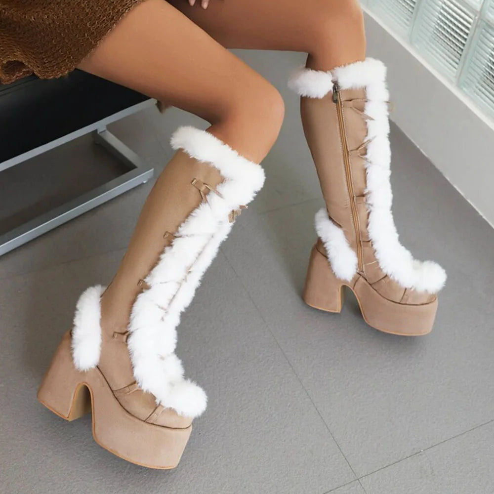GIGIFOX Faux Fur Chunky High Heel Platform Boots for Women