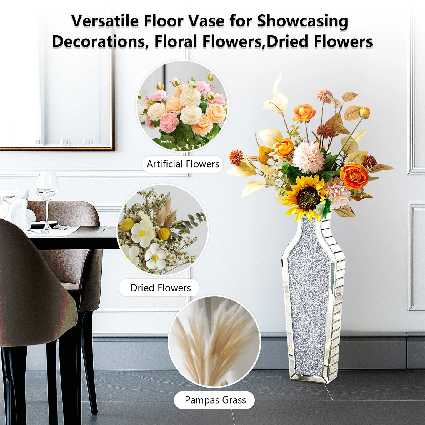 Crushed Diamond Floor Vase Crystal Silver Glass Mirrored Home Decor