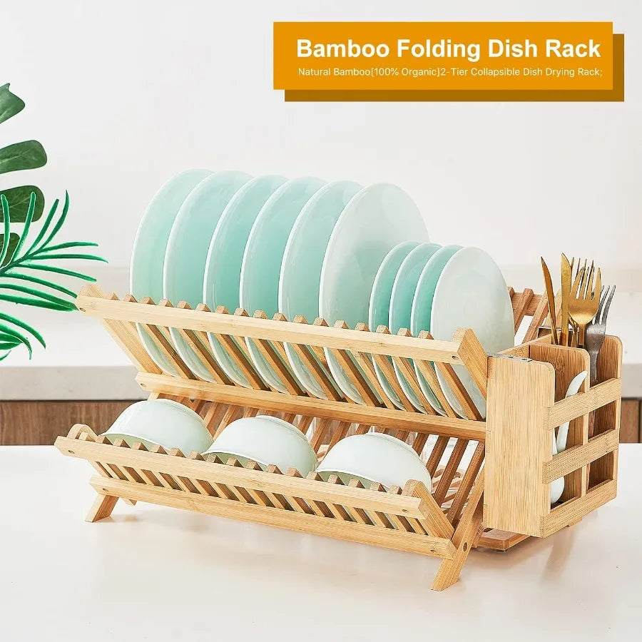 Bamboo Dish Drying Rack, 3 Tier Collapsible Wooden Dish Drainer Rack with Utensil Holder, Plate Rack for Kitchen Counter, Large