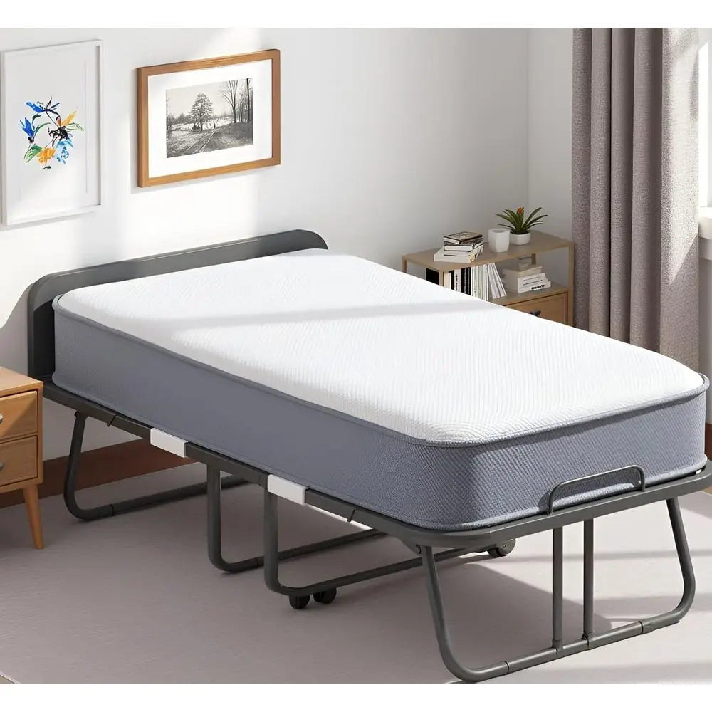 ZHUXIANG Portable Rollaway Bedstead With Mattress Headboard And Reinforced Casters