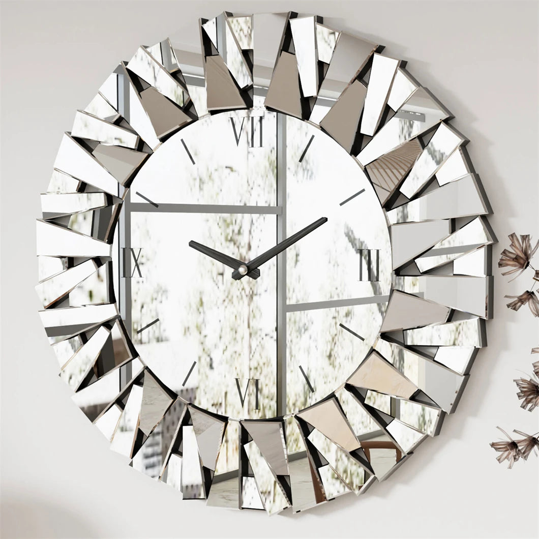 Wall Clock 3D Mirrored Sunburst Edge Roman Numeral UltracontemporaryExquisite Decor