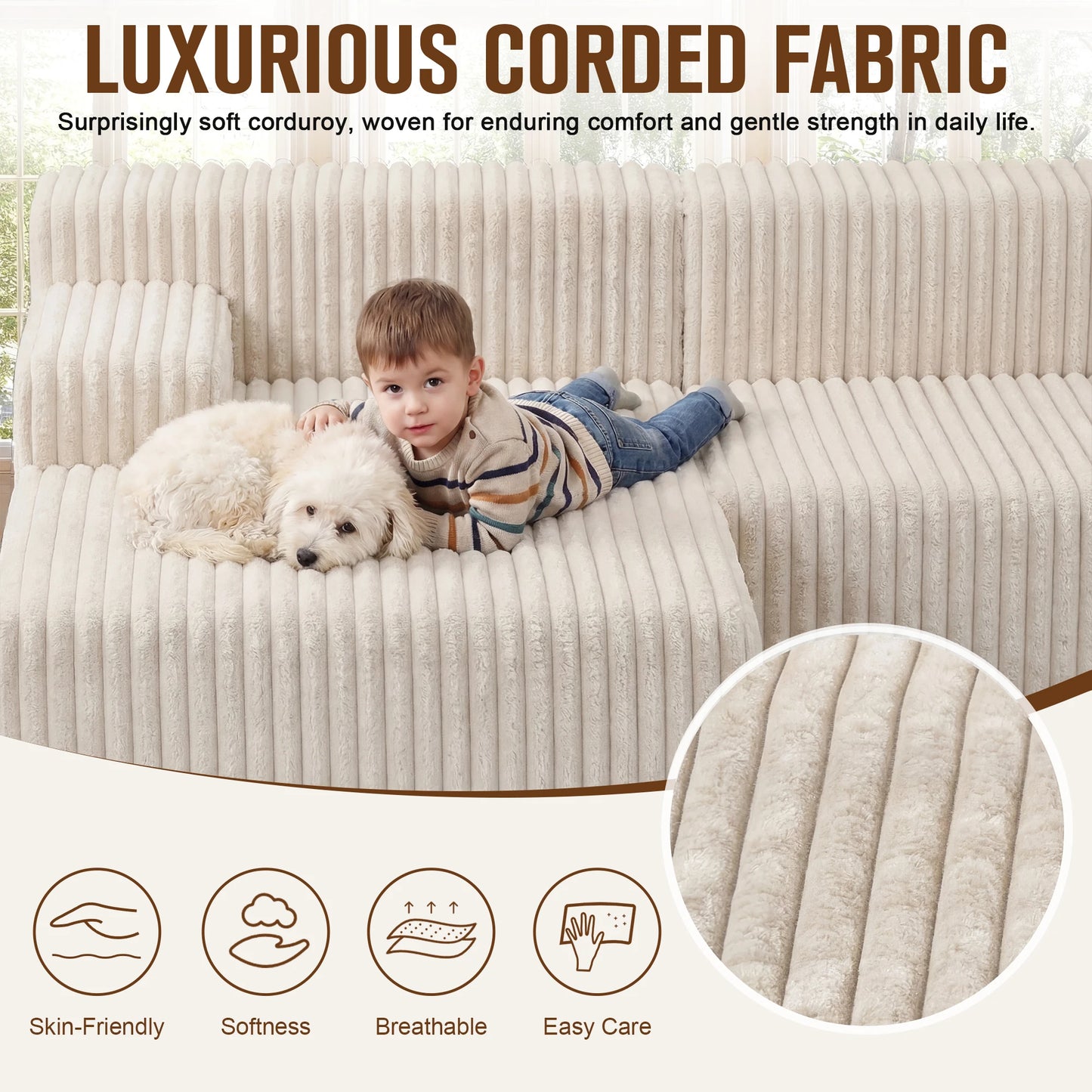 Redlife L-Shape Corduroy Sectional Sofa Cloudlike Luxurious Comfort For LivingRoom