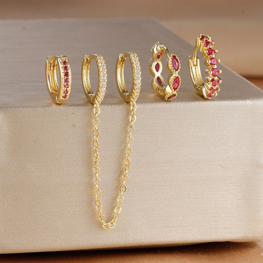 4PCS Rose Red Zircon Stainless Steel Hoop Earrings Set for Women Pendant Water Drop Earring Piercing Jewelry Gift