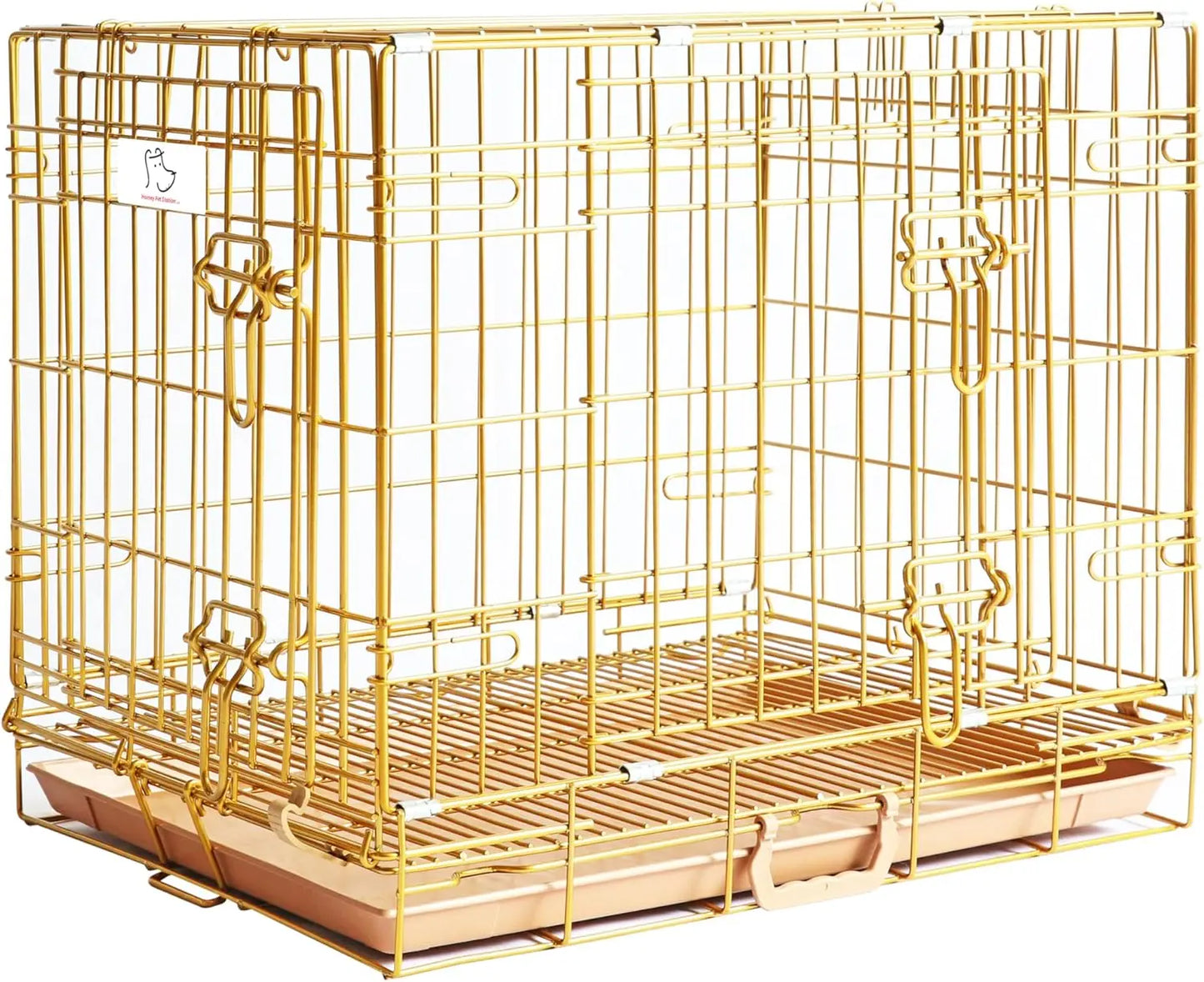 Gold Folding Dog Crate for Small Breeds with Removable Tray and Anti-Rust Finish, Portable Kennel