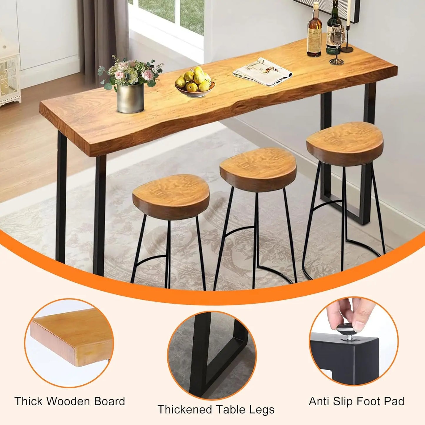 Solid Wood Bar Table Narrow Counter Height Rectangular Modern Pub Table for Home