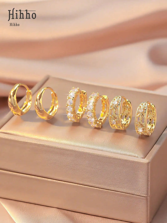 3 Pairs Gold Tone Hoop Earrings: Smooth, Zirconia-Embellished & Vintage Floral Cut-Out Designs