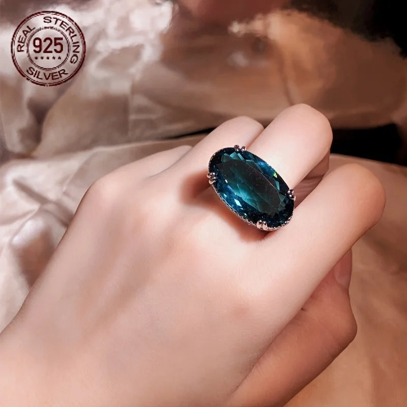 WPOOCC Lab Sapphire Zircon Ring 925 Sterling Silver Hollow Oval