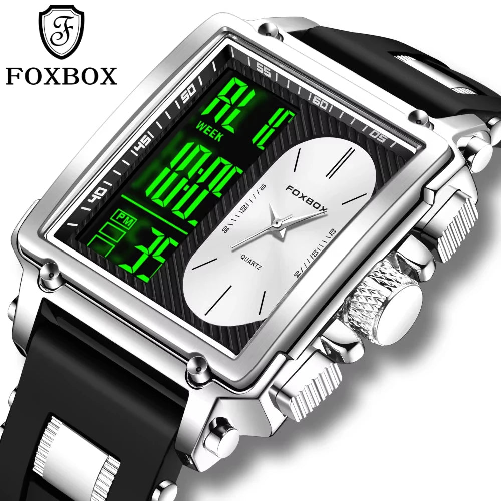 Foxbox Square Digital Quartz Mens Wristwatch Silicone Strap