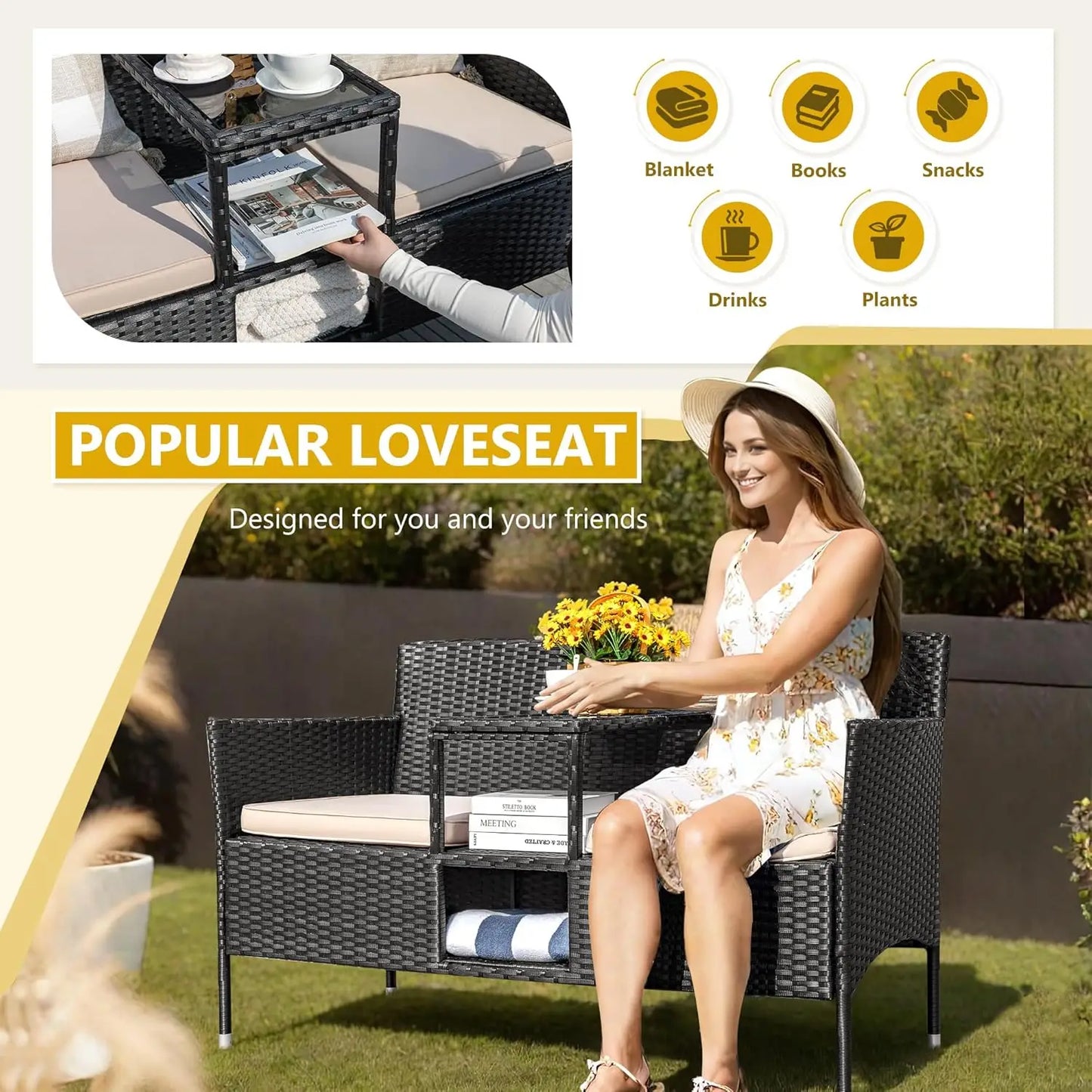 Outdoor Patio Rattan Loveseat Two Seat Conversation Set With Cushions Built In Coffee Table