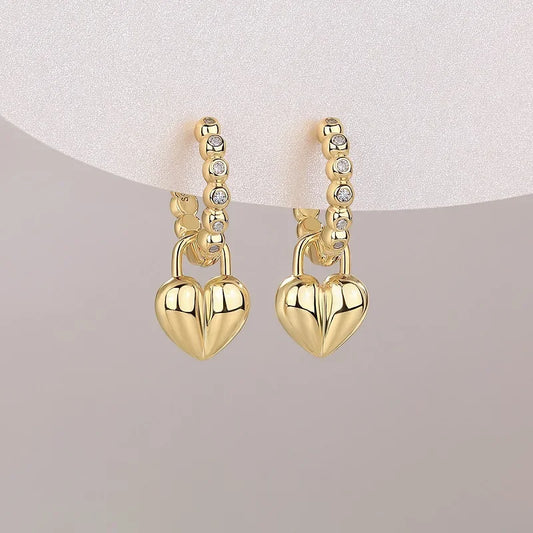 JIUZUAN 18K Gold Plated Heart Drop Earrings, 925 Silver with Moissanite, Beaded Hoop Design - Romantic Gift Jewelry for Women