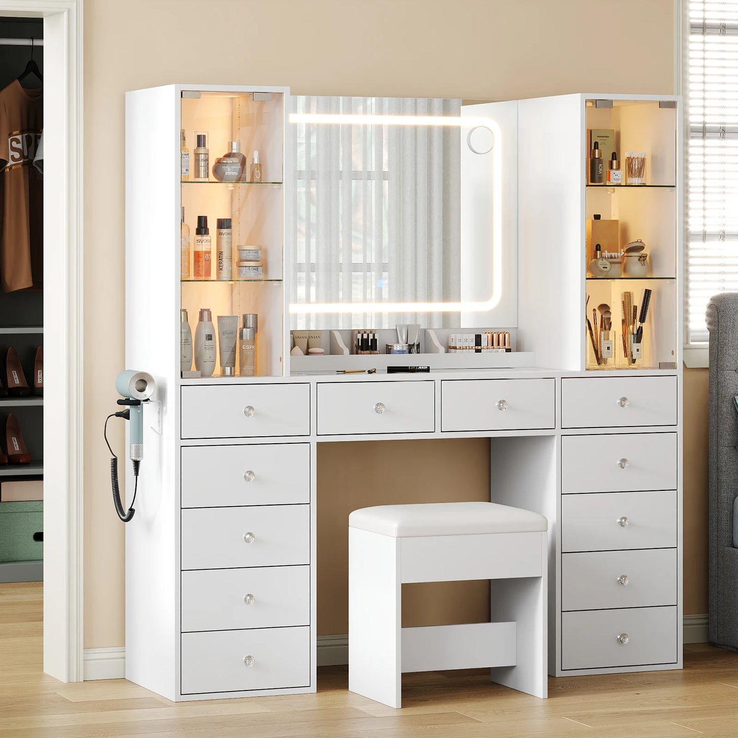 Bedroom Makeup Vanity Desk with Mirror, 12 Drawers