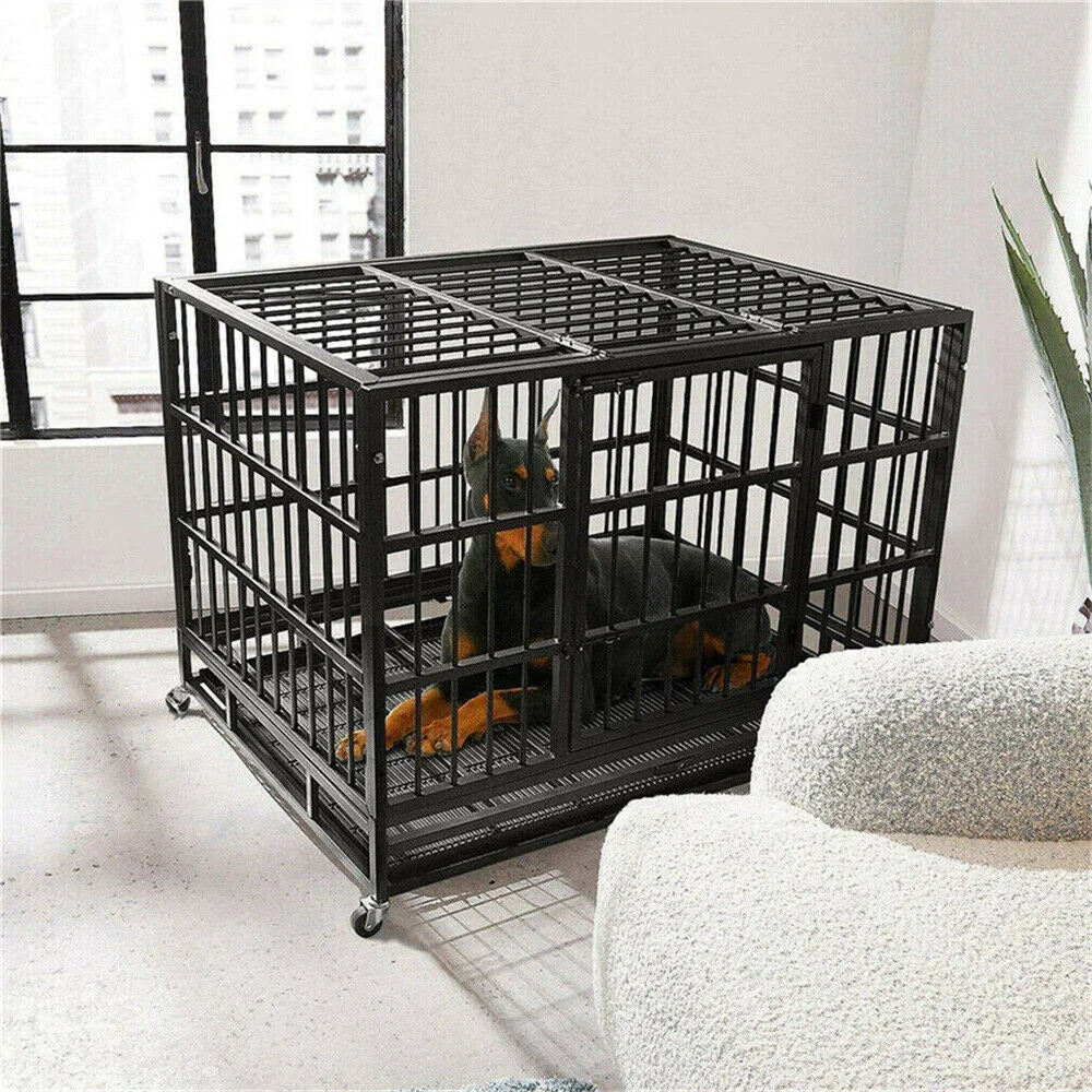 Borwarth Heavy Duty Dog Crate Chew Resistant Square Tube With Lockable Wheels