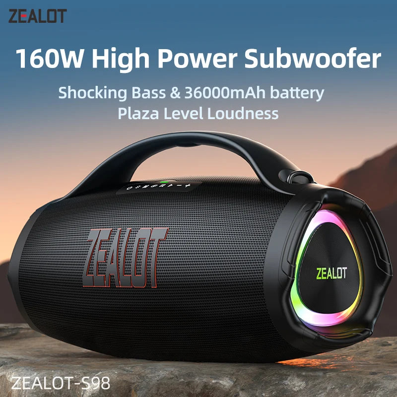 ZEALOT Portable Bluetooth Speaker 160W Waterproof TWS Subwoofer USBEnabled RGBLighting