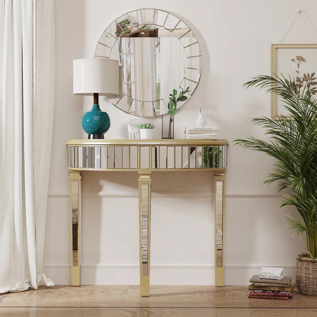 Modern HalfMoon Mirrored Console Table for Living Room and Hallway