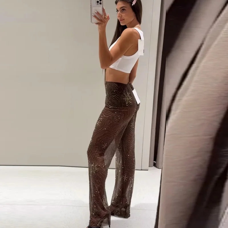 Women's Beaded Sequin High Waist Pants for Streetwear and Casual