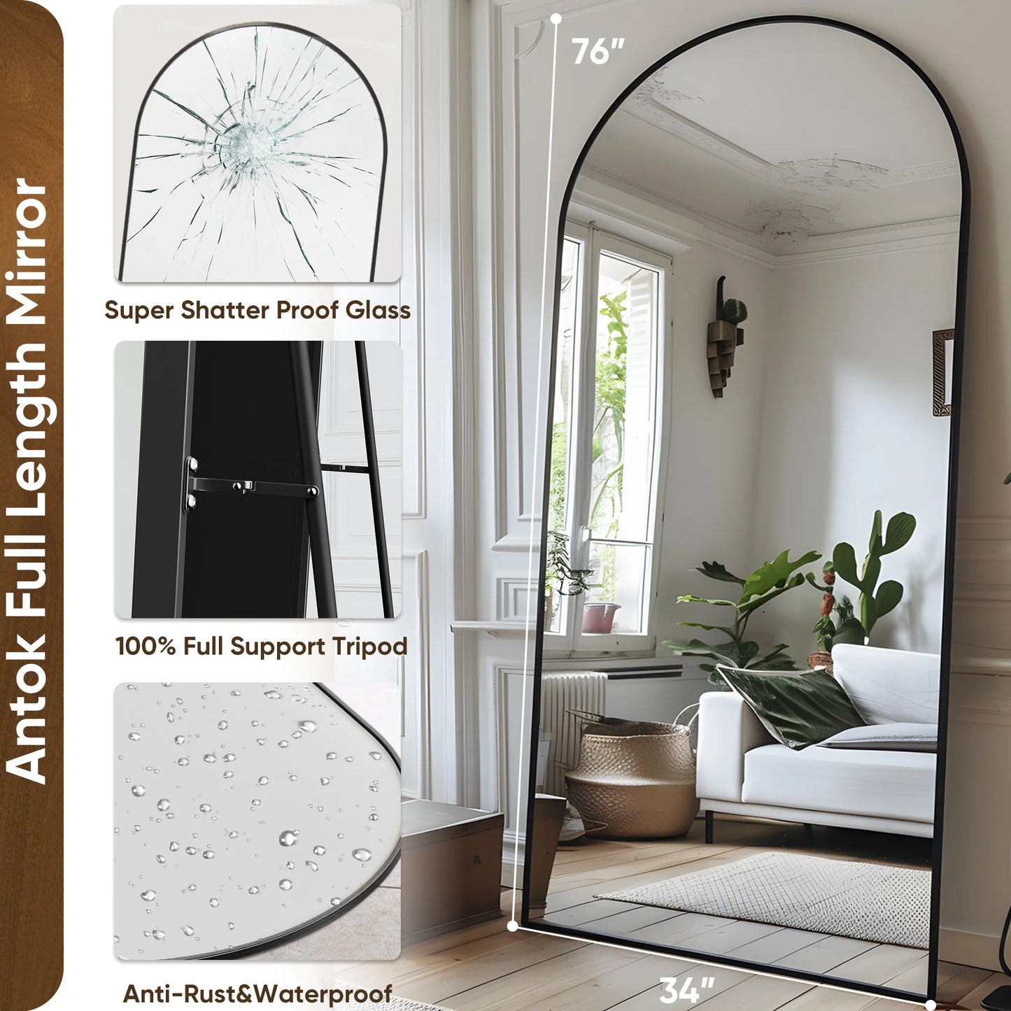 Antok Arch Floor Mirror Freestanding Full Length for Bedroom and Living Room Decor