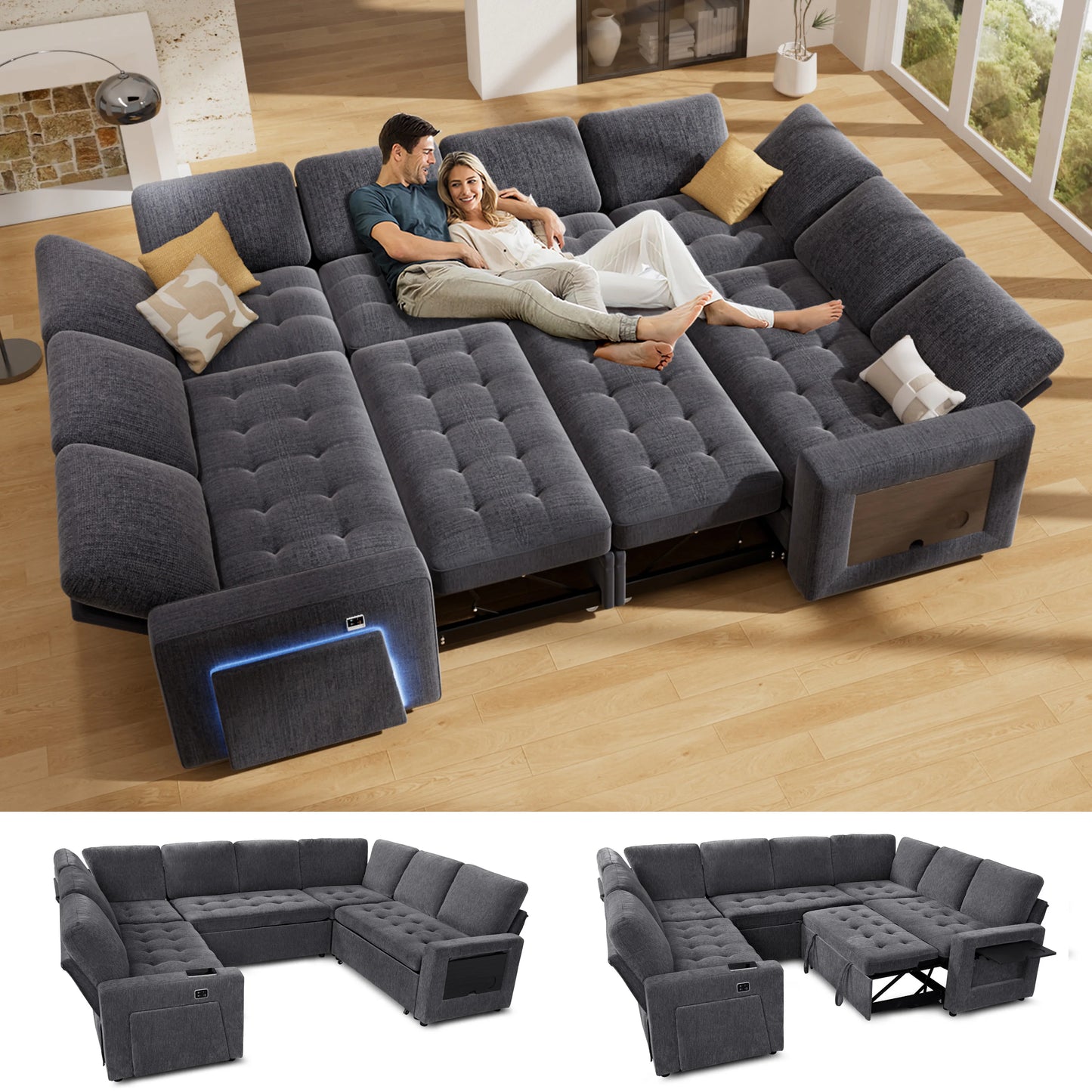 U Shaped Modular Sectional Sofa With Pull Out Bed Reclining Backrest USB Ports LED Light Storage