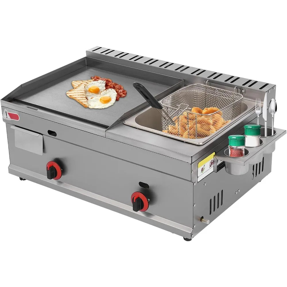 Dual Burner Countertop Cooking Station with Stainless Steel Fryer and Gas Griddle