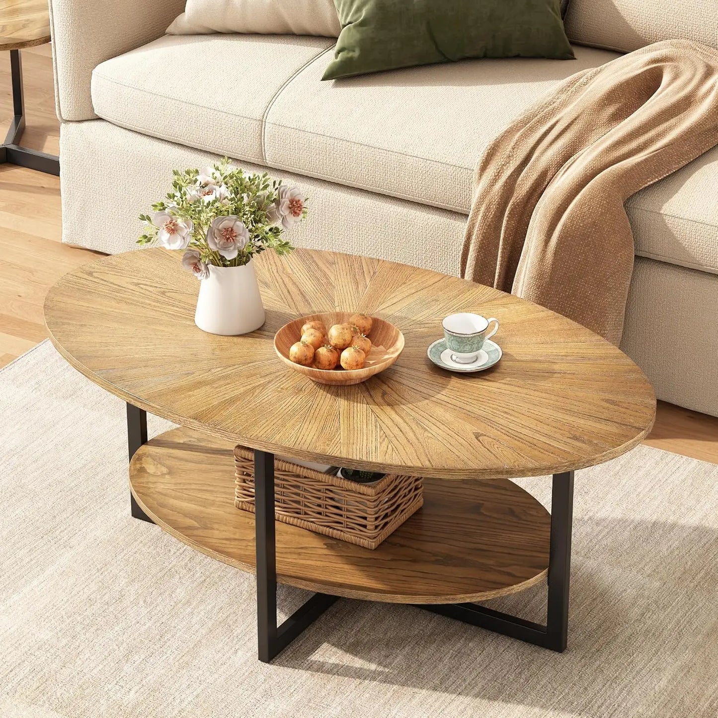 Solid Wood Oval Coffee Table With Cross Metal Legs