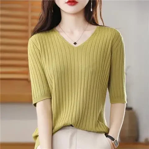 Women's Cashmere Knit V Neck Short Sleeve Pullover Sweater