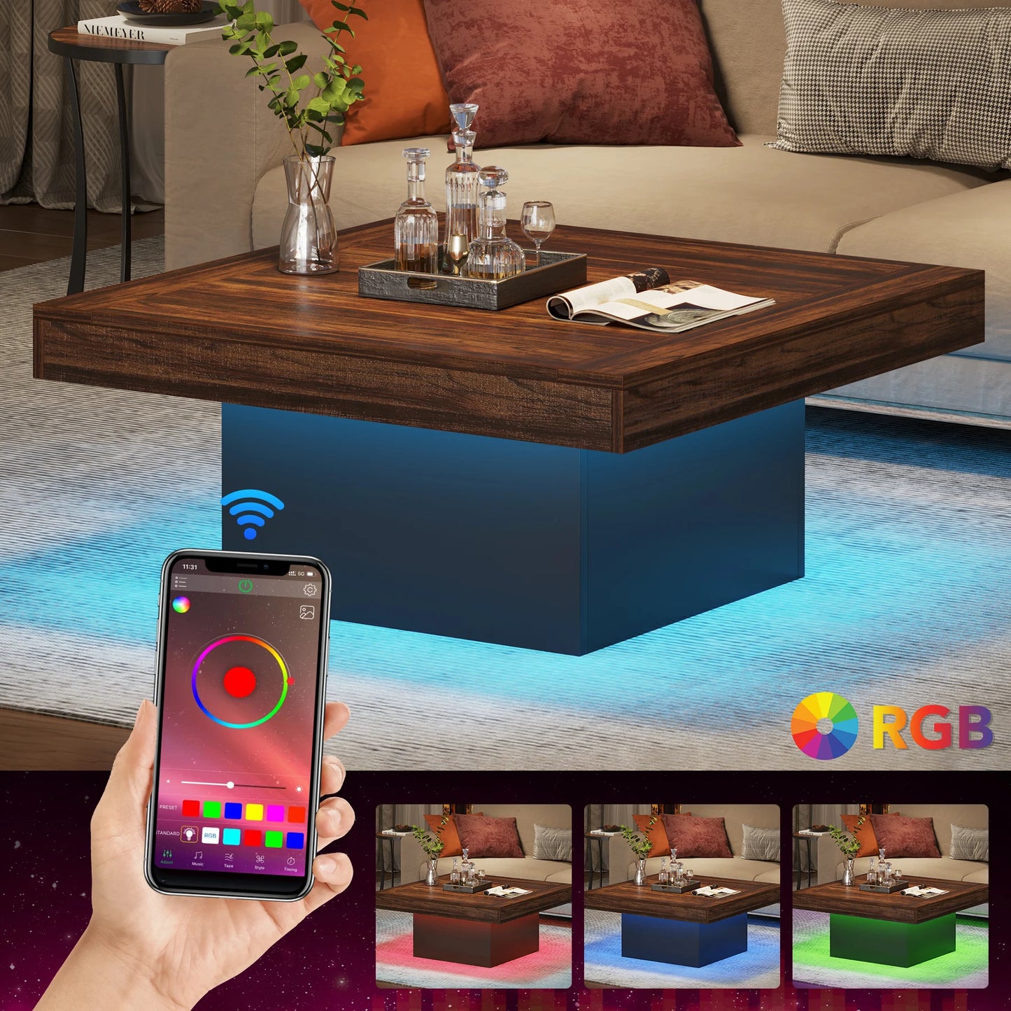 Tribesigns LED Coffee Table Square Engineered Wood for Living Room