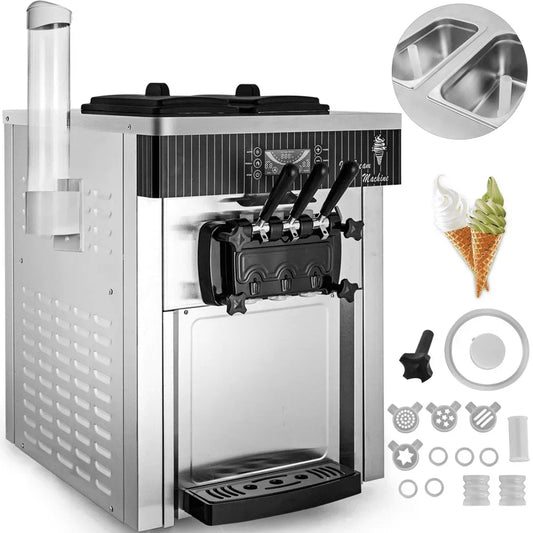 Sihao 2200W Ice Cream Machine 5.3-7.4Gal/H Soft Serve with LED Display Auto Clean 3 Flavors Sweet Cone Freezing Equipment