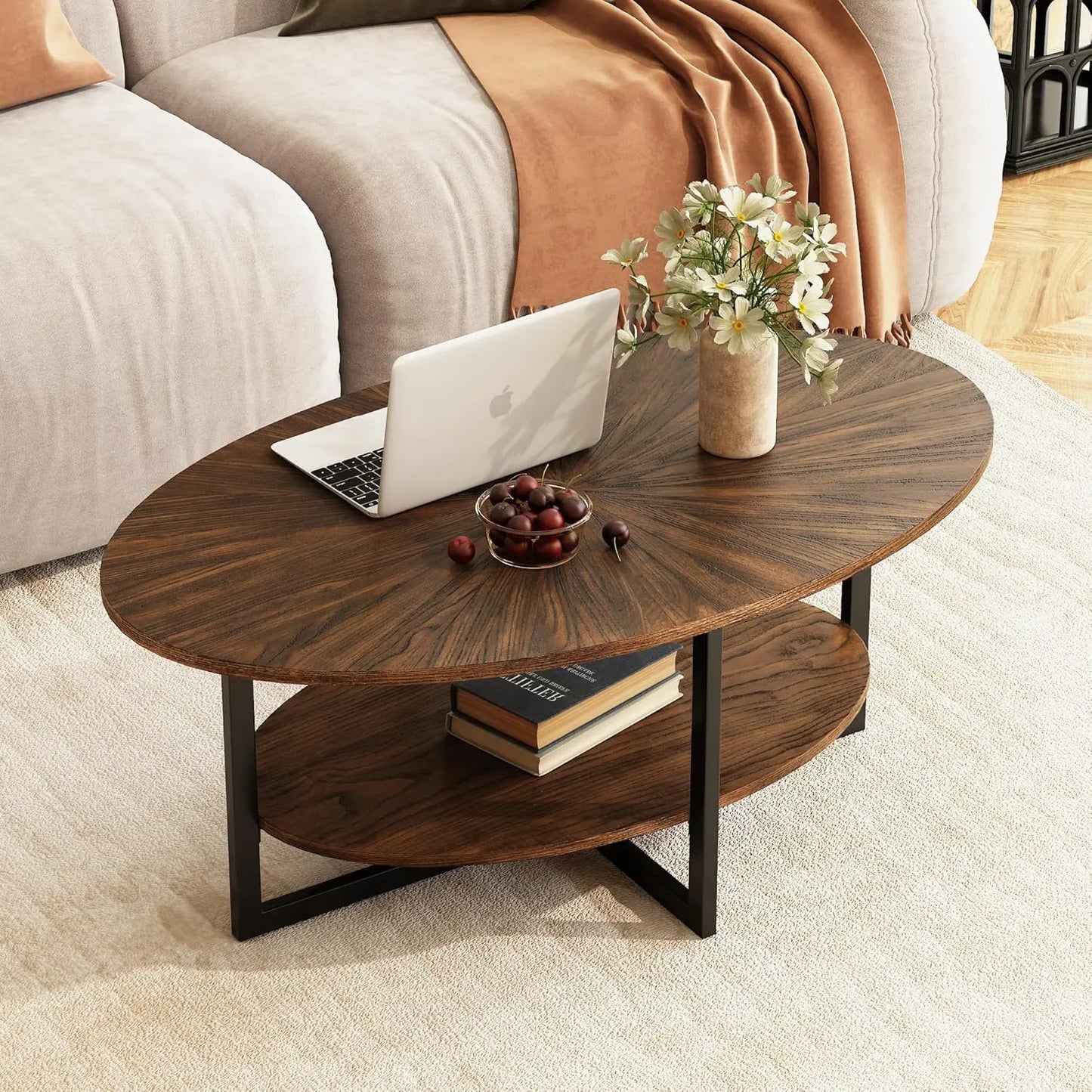 Solid Wood Oval Coffee Table With Cross Metal Legs
