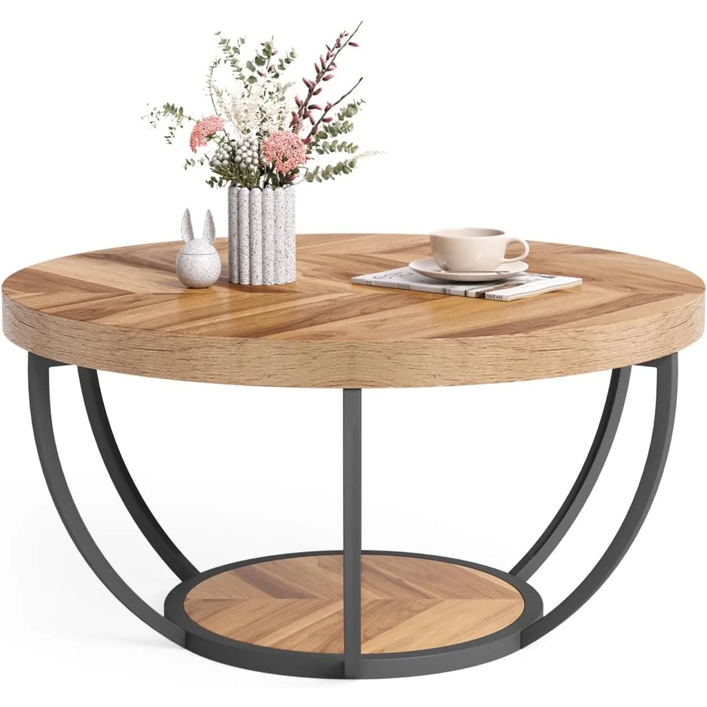 LITTLE TREE Round Coffee Table 2-Tier Open Storage For Living Room Modern Home Furniture