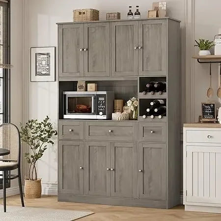 72" Tall Kitchen Pantry Storage Cabinet with Wine Rack, Large Pantry Cabinet with Microwave Stand, Modern Kitchen Hutch for Dini