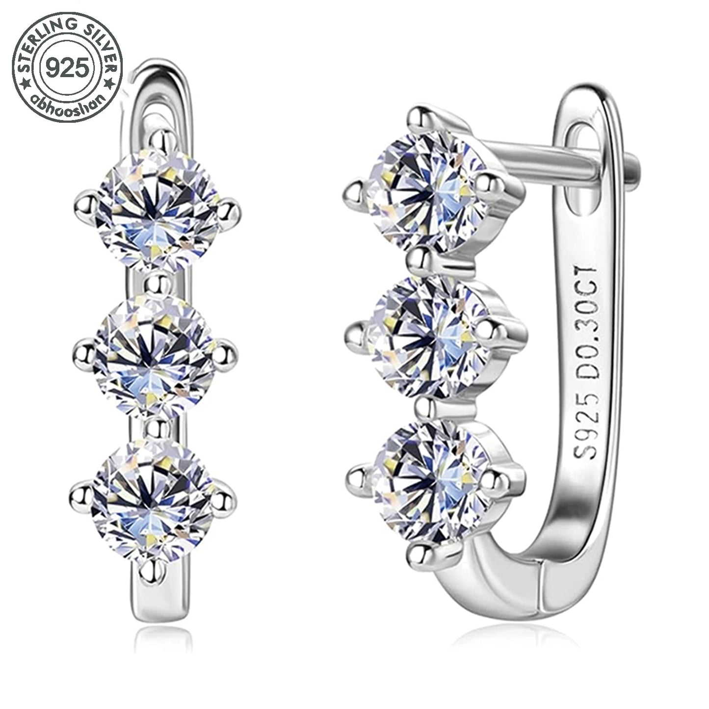 Sterling Silver Moissanite Hoop Earrings With Triple Stones