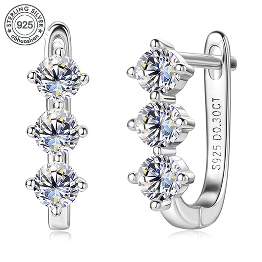 Sterling Silver Moissanite Hoop Earrings With Triple Stones