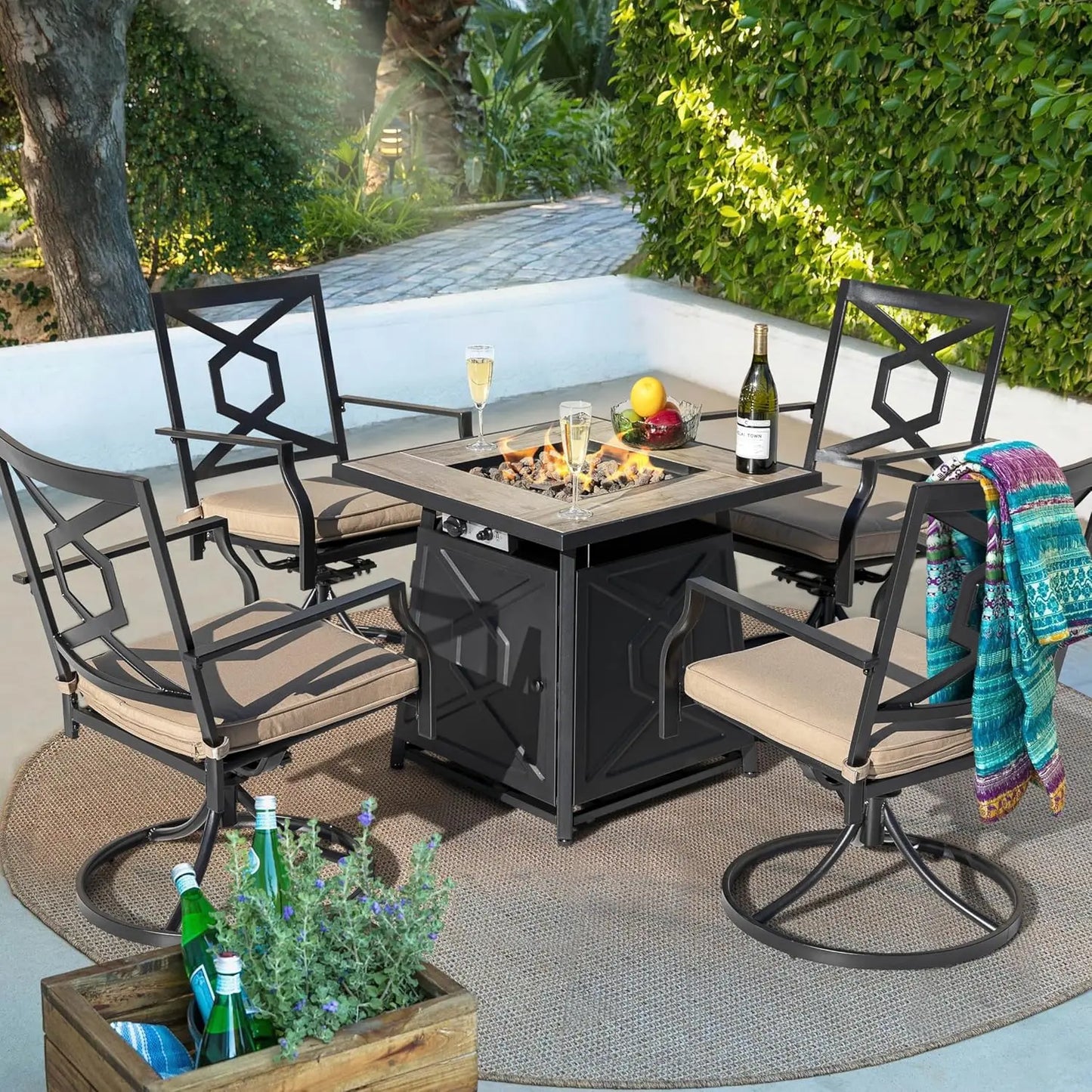 5-Piece All-Weather-Heavy-Duty Outdoor Patio Set With Fire Pit Table Swivel-Chairs