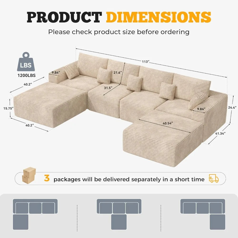 Modular U Shaped Cloud Sofa Set With Ottoman And Corduroy Six Seats Frameless Living Room Furniture