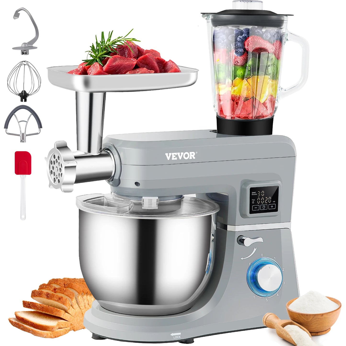SucceBuy 5 IN 1 Stand Mixer Tilt-Head Multifunctional Electric w/ 6 Speeds LCD Screen Timing 7.4 Qt Stainless Bowl Dough Hook